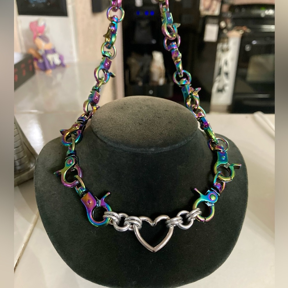 Stainless steel heart choker rainbow clasps goth punk emo chain necklace - Picture 9 of 12